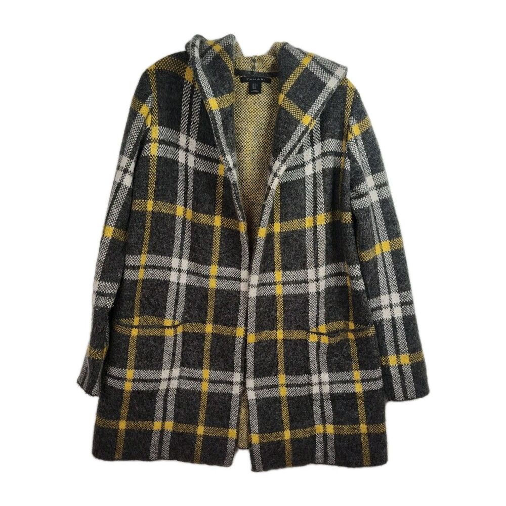 Tahari Open-Front Jacket Women's M Yellow/Gray Plaid Hooded‎ Pockets